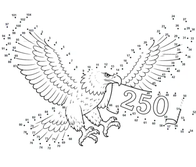 America 250 eagle banner dot-to-dot printable worksheet - free download for kids ages 6-10