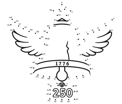 Winged Liberty Bell ringing out of 64 dots on an America 250 printable