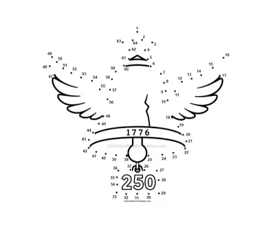 America 250 Liberty Bell wings dot-to-dot printable worksheet - free download for kids ages 4-8