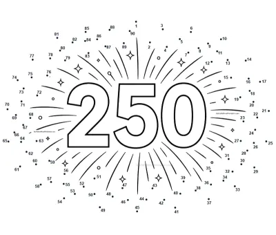 America 250 birthday fireworks dot-to-dot printable worksheet - free download for kids ages 6-10