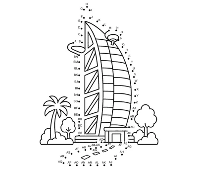 Sail-shaped Burj Al Arab hotel rising from 66 dots on a landmark puzzle page