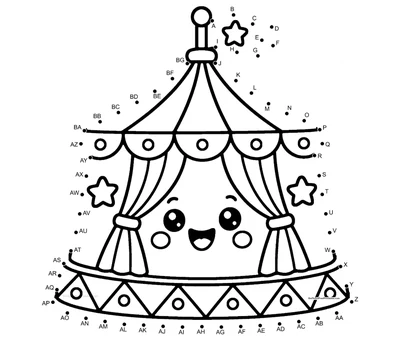 Striped circus tent with a flag on top, 59-dot printable puzzle