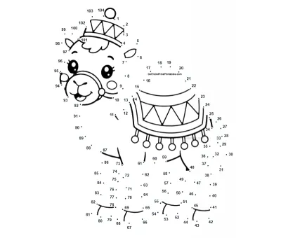 Smiling circus camel in a patterned hat and tasseled blanket, outlined by 104 numbered dots