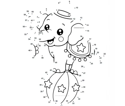 Circus elephant wearing a star costume and balancing on a decorated ball, outlined by 63 numbered dots