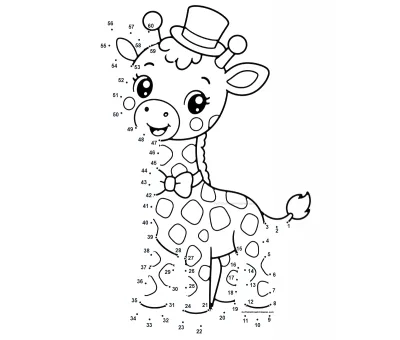 Spotted circus giraffe wearing a top hat and bow tie, outlined by 60 numbered dots