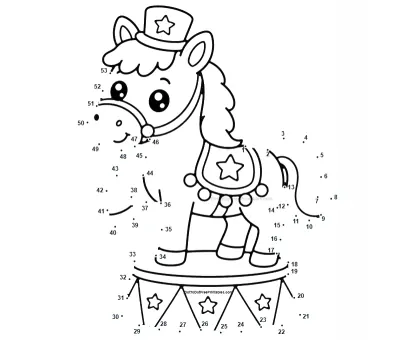 Cheerful circus horse wearing a star hat and standing on a decorated platform, outlined by 53 numbered dots