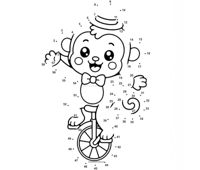 Circus monkey wearing a hat and bow tie while riding a unicycle, outlined by 58 numbered dots