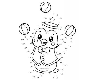 Circus penguin wearing a star hat and bow tie, surrounded by juggling balls and 53 numbered dots