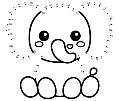 Sweet baby elephant, trunk curled, appearing from 50 gentle printable dots