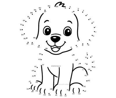 Adorable floppy-eared puppy wagging into view across 70 printable dots