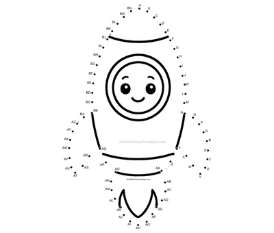 Cartoon rocket ship with fiery flames, outlined by 66 printable numbered dots