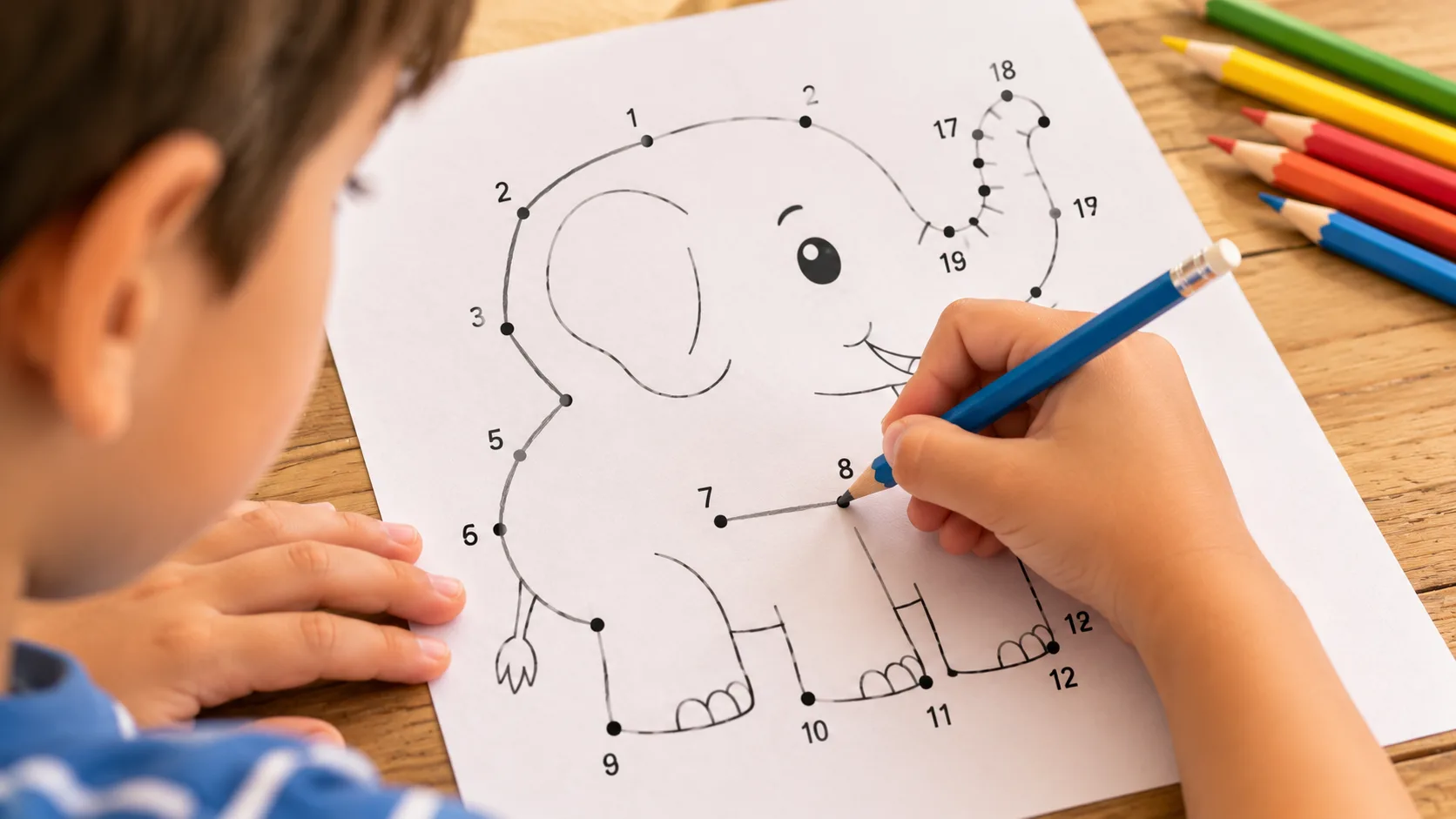 Child practicing fine motor skills with a dot-to-dot puzzle