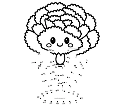 Ruffled carnation flower connected through 53 numbered dots, free kids printable