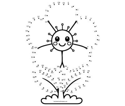 Rounded geranium flower cluster mapped out in 92 dots on a free dot to dot worksheet