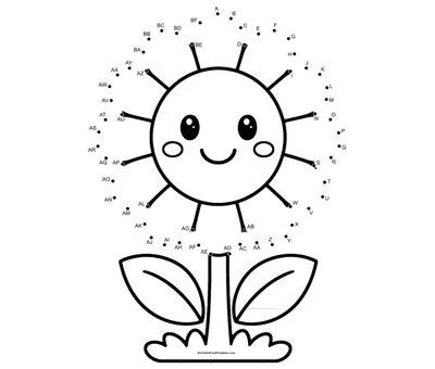 Smiling kawaii sunflower drawn by joining 58 dots on a playful printable sheet