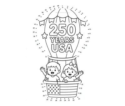 America 250 gas balloon dot-to-dot printable worksheet - free download for kids ages 4-7