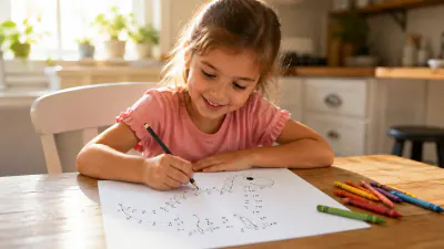 A young girl concentrating as she connects the dots on a printable dinosaur dot-to-dot puzzle