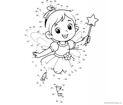 Smiling child in a fairy costume with puff sleeves, a petal skirt, wings, and a star wand, surrounded by 77 numbered dots