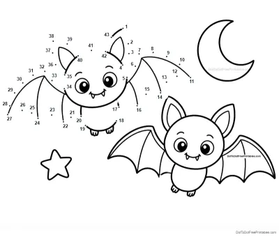 43 numbered dots around the upper smiling bat, with a second bat, crescent moon and star
