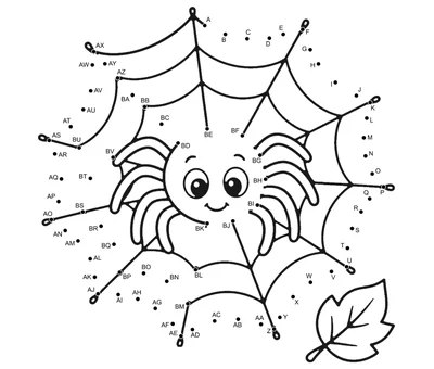 Friendly smiling spider sitting in a web surrounded by 74 numbered dots