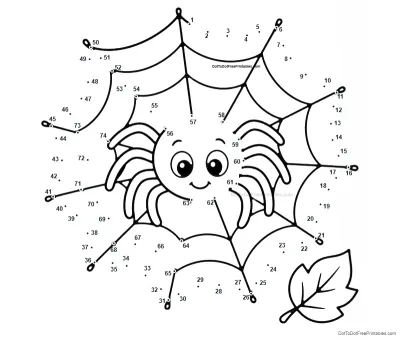 Friendly smiling spider sitting in a web surrounded by 74 numbered dots