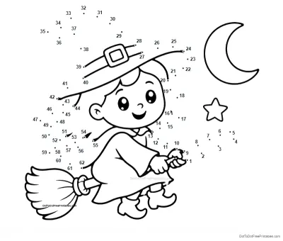Friendly smiling witch flying on a broomstick beneath a moon and star, surrounded by 62 numbered dots