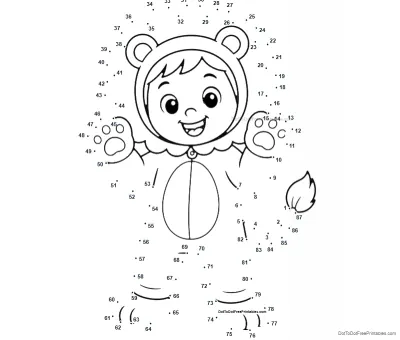 Smiling child in a hooded lion costume with round ears, mitten paws, and a fluffy tail, surrounded by 87 numbered dots
