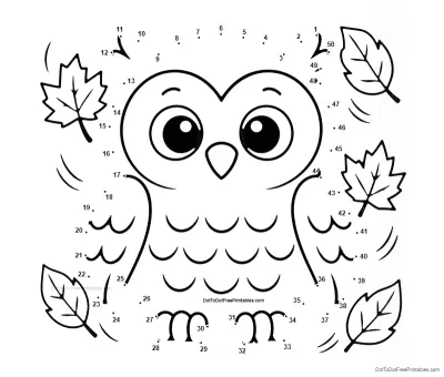 50 numbered dots around a wide-eyed owl with patterned wings, little feet and four autumn leaves