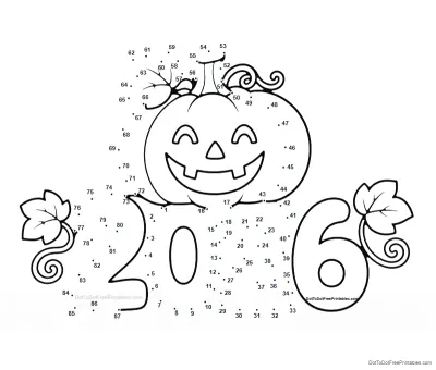 Grinning jack-o'-lantern with curling vines and broad leaves, outlined by 87 numbered dots