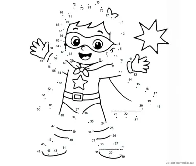 Smiling child in a superhero costume with a mask, cape, star emblem, gloves, and boots, surrounded by 77 numbered dots
