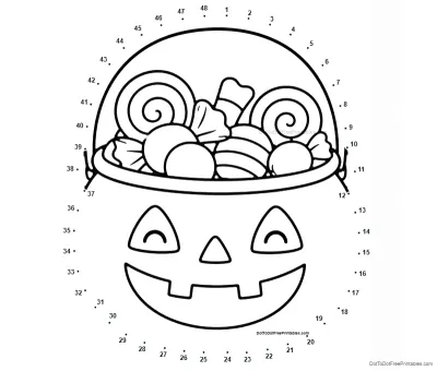 Smiling jack-o'-lantern trick-or-treat bucket filled with candy and surrounded by 48 numbered dots