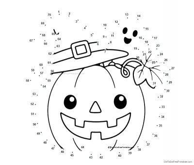 Smiling jack-o-lantern wearing a witch hat, surrounded by 70 numbered dots