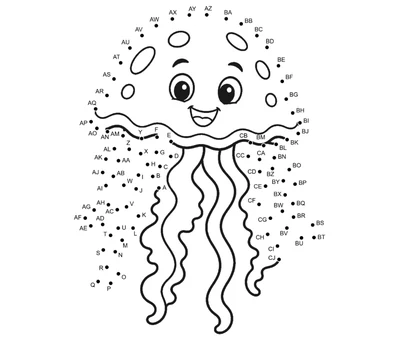Jellyfish drifting with trailing tentacles drawn from 88 dots, printable preview