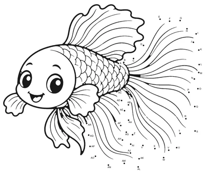 Betta fish with flowing fins outlined by 44 numbered dots in a horizontal printable puzzle