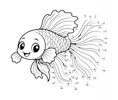Betta fish with flowing fins outlined by 44 numbered dots in a horizontal printable puzzle