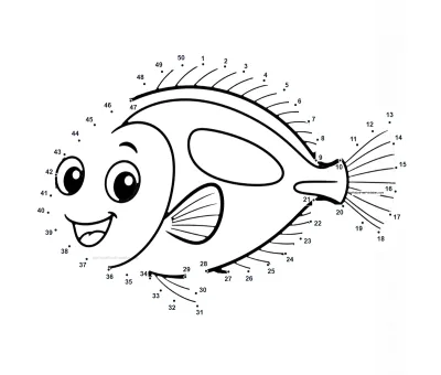Blue tang with oval body and pointed fins outlined by 50 numbered dots in a horizontal printable puzzle