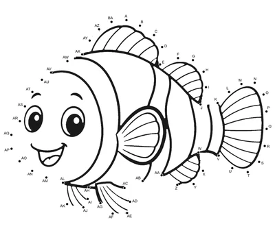 Clownfish with striped body and fins outlined by 53 numbered dots in a horizontal printable puzzle