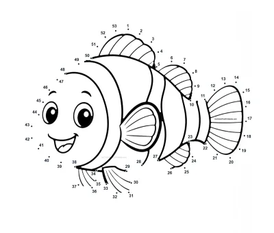 Clownfish with striped body and fins outlined by 53 numbered dots in a horizontal printable puzzle