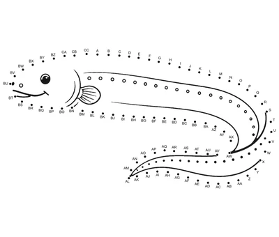 Electric eel outlined by 81 numbered dots in a horizontal printable puzzle