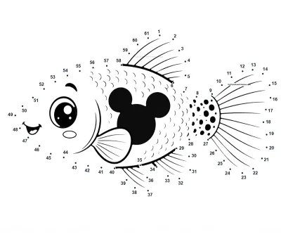 Mickey Mouse platy with spotted tail marking outlined by 61 numbered dots in a horizontal printable puzzle