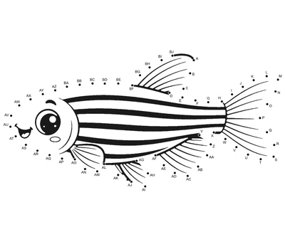 Striped zebra danio outlined by 62 numbered dots in a horizontal printable puzzle