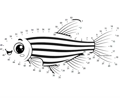 Striped zebra danio outlined by 62 numbered dots in a horizontal printable puzzle