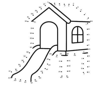 Playhouse with attached slide assembled from 68 dots on a free dot to dot page
