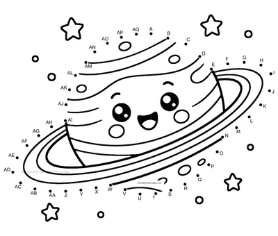 Ringed planet floating in space, 43-dot printable puzzle for young kids
