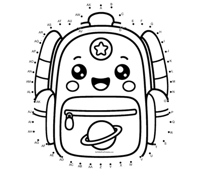 Smiling astronaut backpack with a star badge and ringed planet pocket in a 50-dot printable puzzle