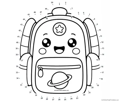 Smiling astronaut backpack with a star badge and ringed planet pocket in a 50-dot printable puzzle