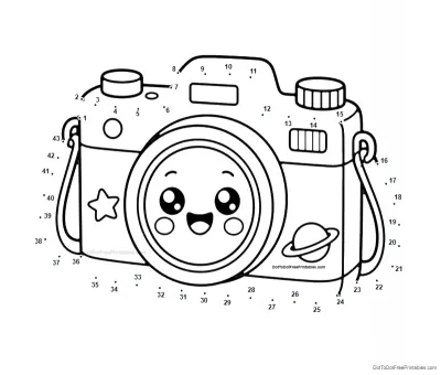 Smiling space camera with a planet emblem in a 43-dot printable connect-the-dots puzzle