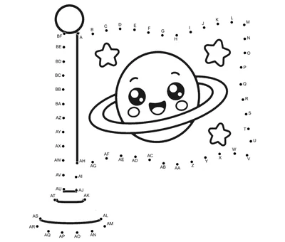 Space flag beside a smiling ringed planet in a 58-dot printable puzzle