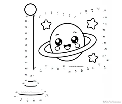 Space flag beside a smiling ringed planet in a 58-dot printable puzzle