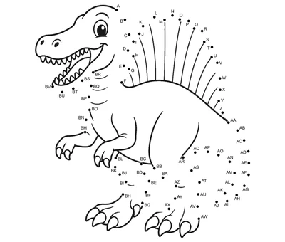 Sail-backed Spinosaurus surfacing through 74 dots on a free dinosaur printable